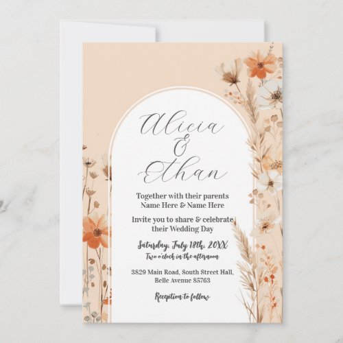 Boho Wedding Peach Florals Flowers Invitation