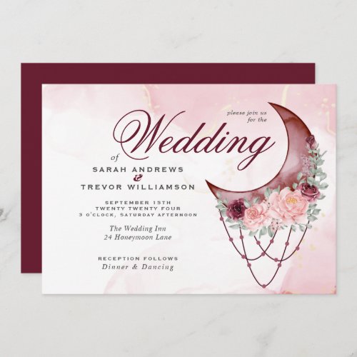 Boho Wedding Pink Crescent Moon All in One  Invitation