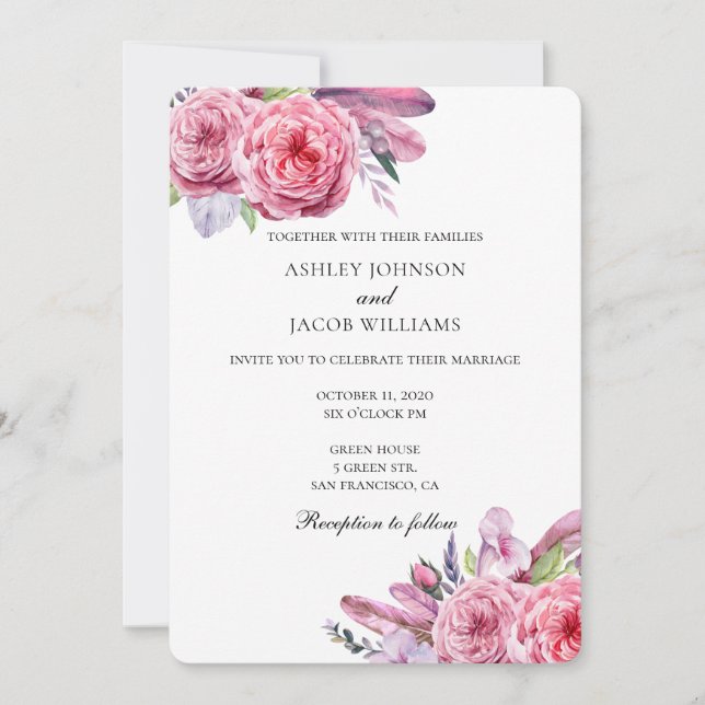 Boho wedding. Pink floral invitation. Feathers Invitation (Front)
