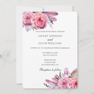 Boho wedding. Pink floral invitation. Feathers Invitation