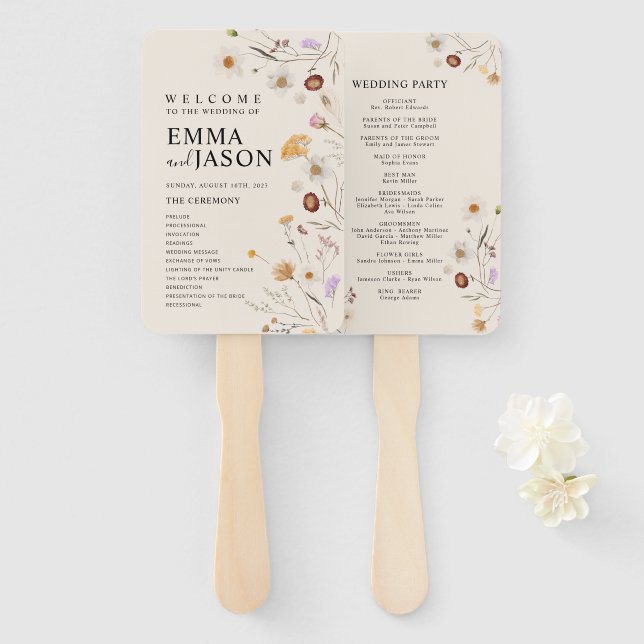 Boho Wedding Program fan, Ceremony program floral  Hand Fan (Front and Back)