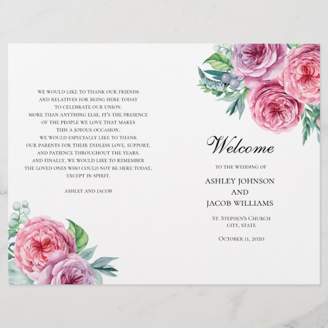 Boho wedding program folded. Summer pink flowers (Front)
