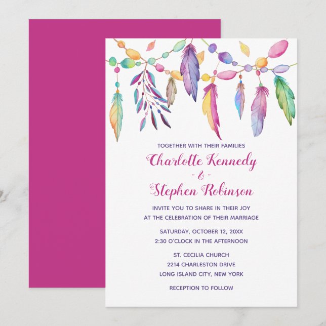Boho Wedding Purple Feather Native American Indian Invitation (Front/Back)