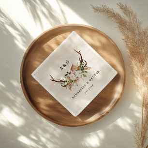 Boho Wedding Rustic Antler Floral Wedding Monogram Napkins