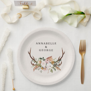 Boho Wedding Rustic Antler Floral Wedding Monogram Paper Plates