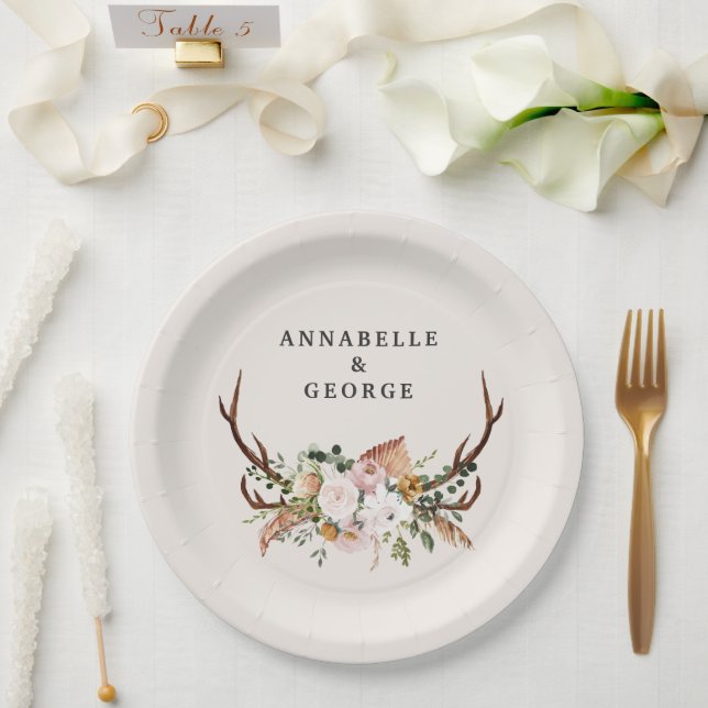 Boho Wedding Rustic Antler Floral Wedding Monogram Paper Plates (Wedding)