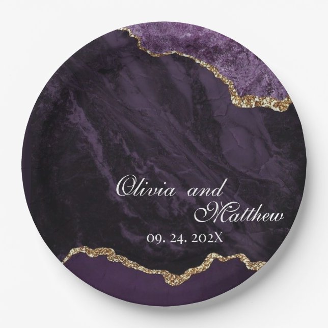 Boho Wedding Scrip Agate Purple and Gold  Paper Plates (Front)