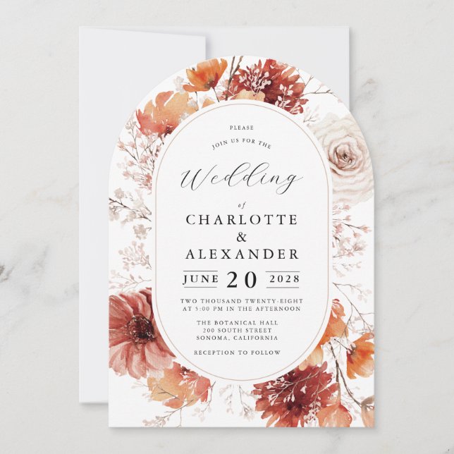 Boho Wedding Terracotta Rust Flowers Invitation (Front)