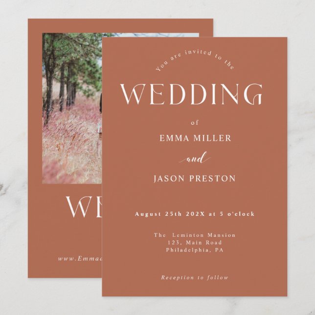Boho Wedding terracotta with Photo Invitation (Front/Back)