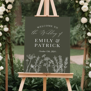 Boho Wedding Welcome Olive Green Wildflower Sign