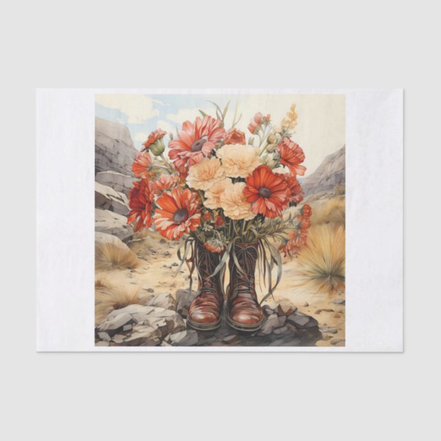 Boho Western Boots Floral Bouquet for Decoupage  Tissue Paper (Front)