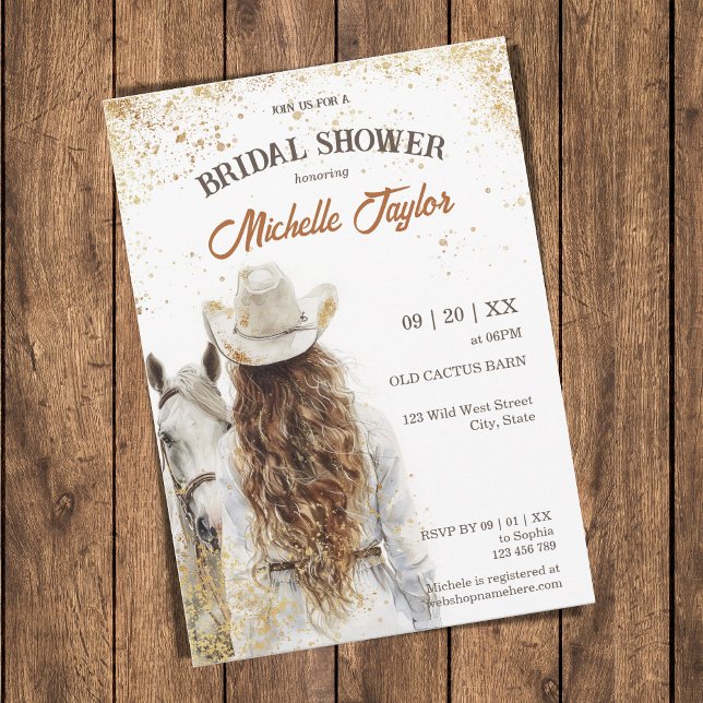 Boho Western Bride Wild West Country Cowgirl  Invitation (western bride with white cowboy hat and white horse)