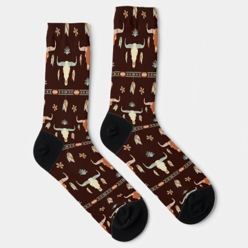 Boho Western Cow Skull and Feathers Pattern Socks