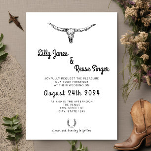 Boho Western Cow Skull Rustic Wedding Invitation