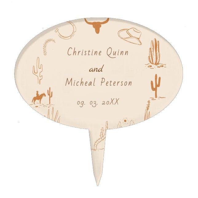Boho Western Cowboy Illustration Wedding Cake Topper (Front)
