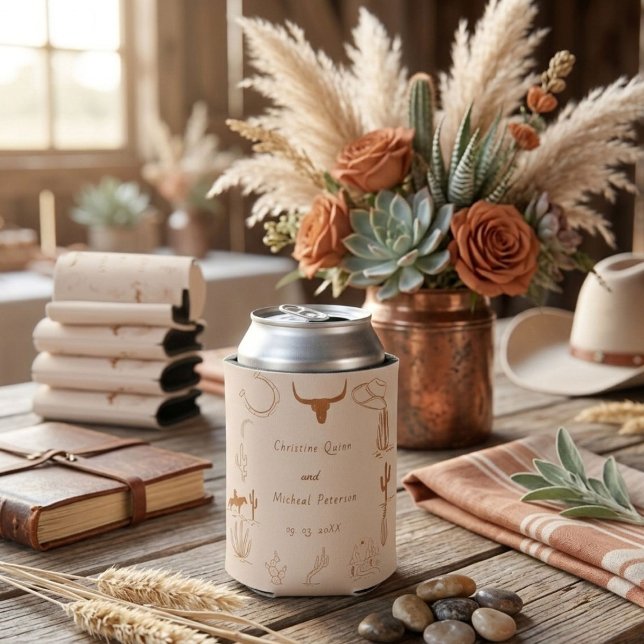 Boho Western Cowboy Illustration Wedding Can Cooler (Creator Uploaded)