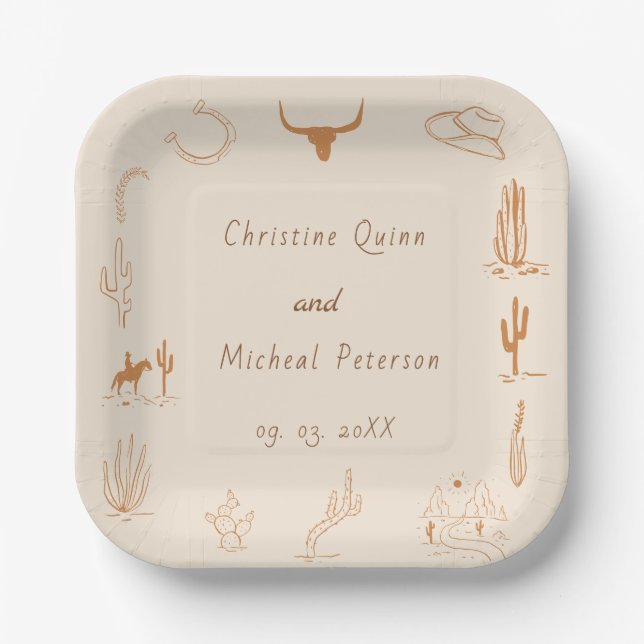 Boho Western Cowboy Illustration Wedding Paper Plates (Front)