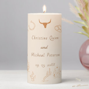 Boho Western Cowboy Illustration Wedding Pillar Candle