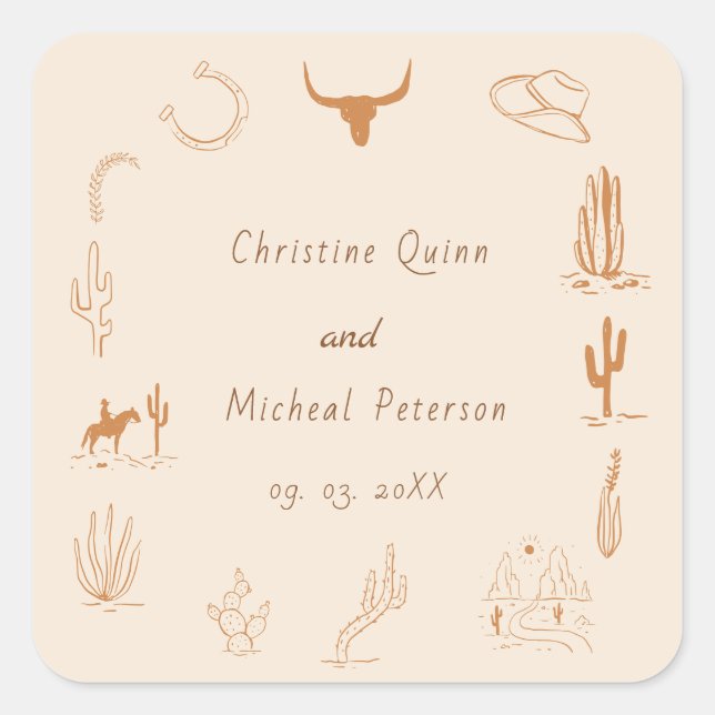 Boho Western Cowboy Illustration Wedding Square Sticker (Front)