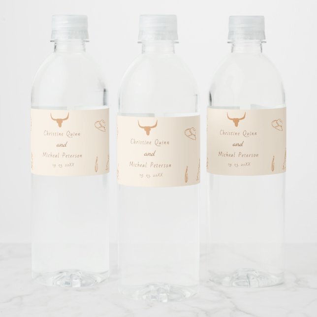 Boho Western Cowboy Illustration Wedding Water Bottle Label (Bottles)