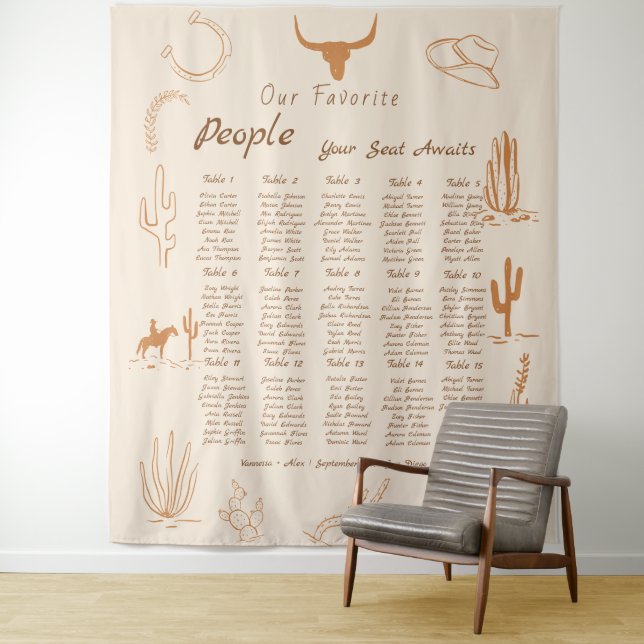 Boho Western Favorite People Wedding Seating chart Tapestry (In Situ)