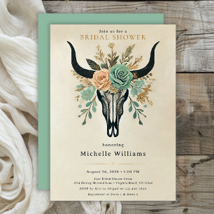 Boho Western Floral Bull Cow Skull Bridal Shower Invitation