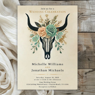 Boho Western Floral Bull Cow Skull Wedding Invitation