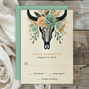 Boho Western Floral Bull Cow Skull Wedding RSVP Card