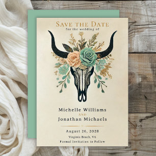 Boho Western Floral Bull Cow Skull Wedding Save The Date