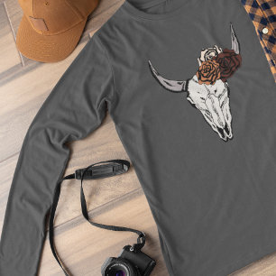 Boho Western Floral Bull Skull Womens T-Shirt