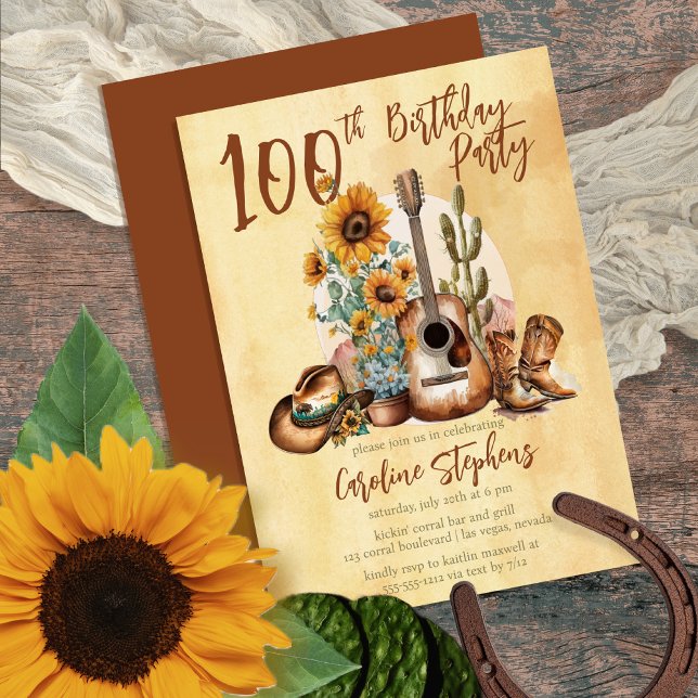 Boho Western Guitar Sunflower 100th Birthday Party Invitation (Make her Birthday Party unique with this Boho Rustic Western-themed Guitar & Sunflowers design!)