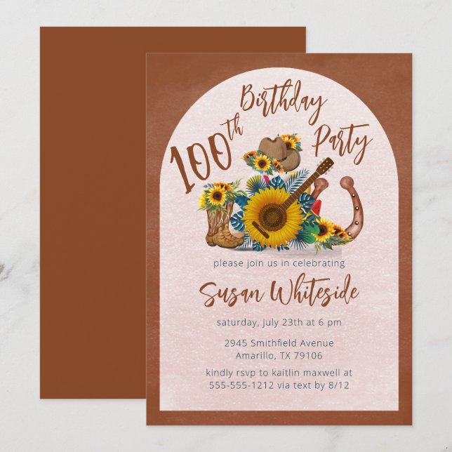 Boho Western Guitar Sunflower 100th Birthday Party Invitation (Front/Back)