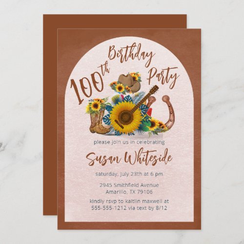 Boho Western Guitar Sunflower 100th Birthday Party Invitation