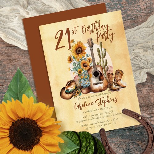 Boho Western Guitar Sunflowers 21st Birthday Party Invitation