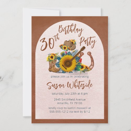 Boho Western Guitar Sunflowers 30th Birthday Party Invitation