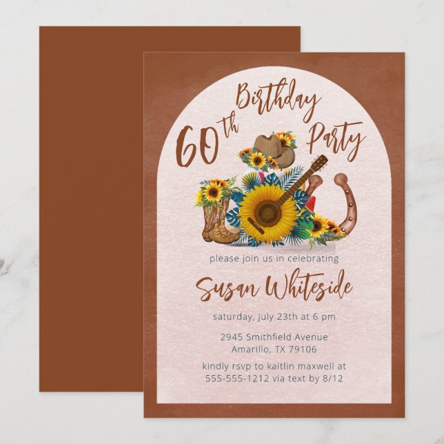 Boho Western Guitar Sunflowers 60th Birthday Party Invitation (Front/Back)