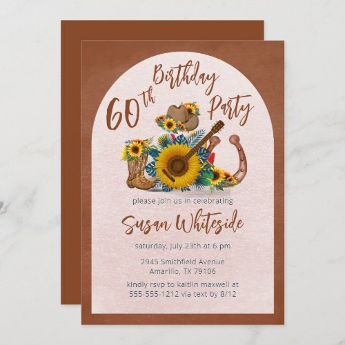 Boho Western Guitar Sunflowers 60th Birthday Party Invitation