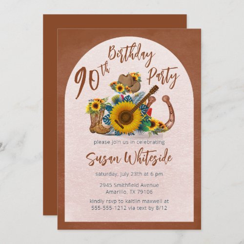 Boho Western Guitar Sunflowers 90th Birthday Party Invitation