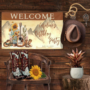 Boho Western Guitar Sunflowers Birthday Party Banner