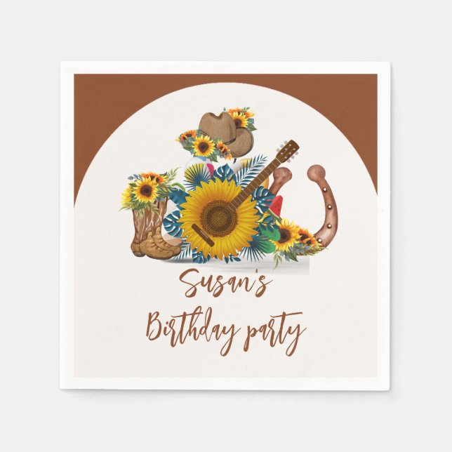 Boho Western Guitar Sunflowers Birthday Party Napkins (Front)