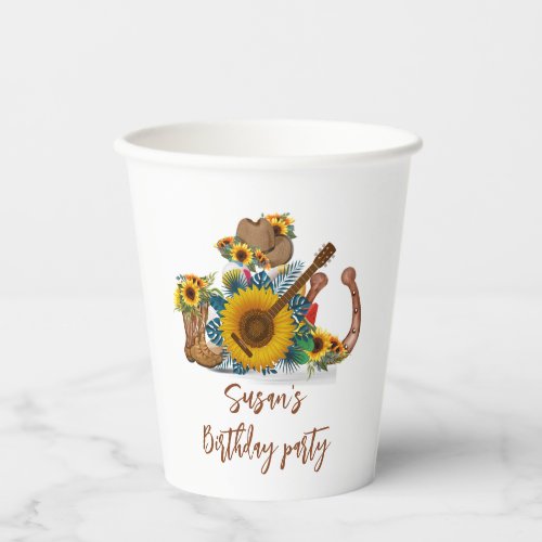 Boho Western Guitar Sunflowers Birthday Party Paper Cups