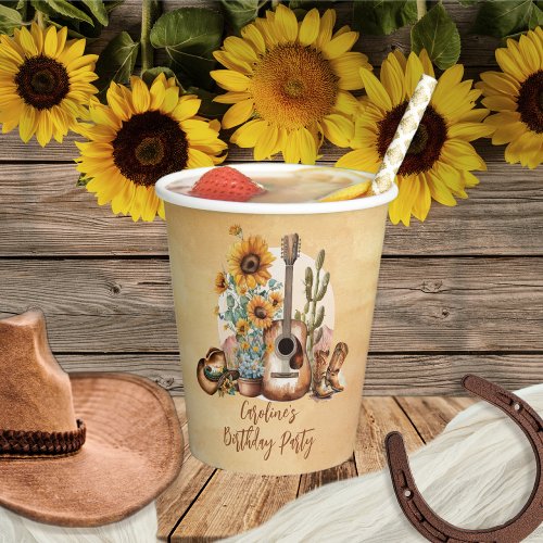 Boho Western Guitar Sunflowers Birthday Party Paper Cups
