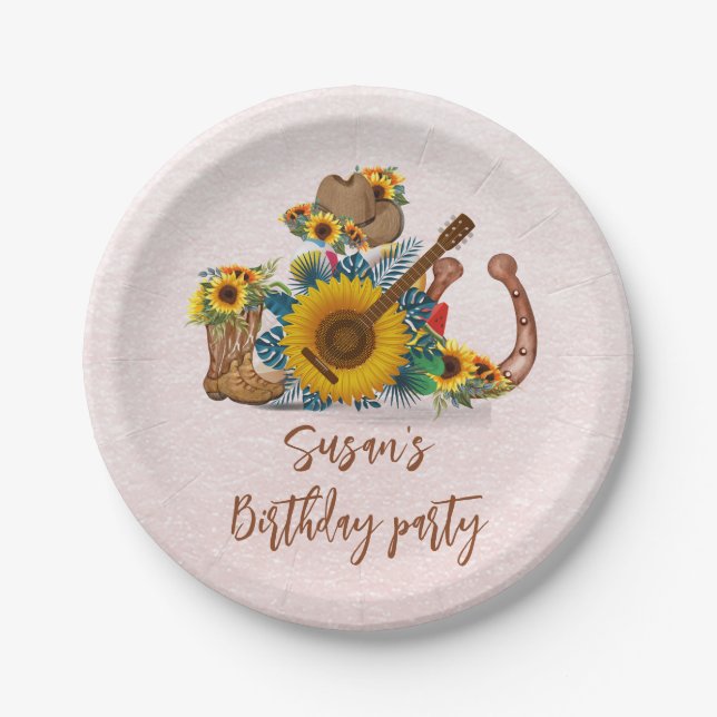 Boho Western Guitar Sunflowers Birthday Party Paper Plates (Front)