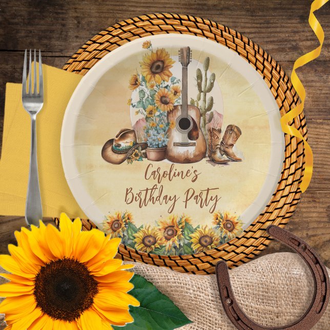 Boho Western Guitar Sunflowers Birthday Party Paper Plates (Planning a western music-themed birthday party -- don't forget to include the party accessories!)