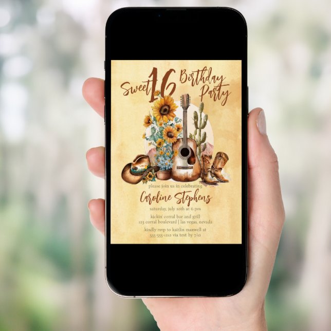 Boho Western Guitar Sunflowers Sweet 16 Party Invitation (Front Digital)