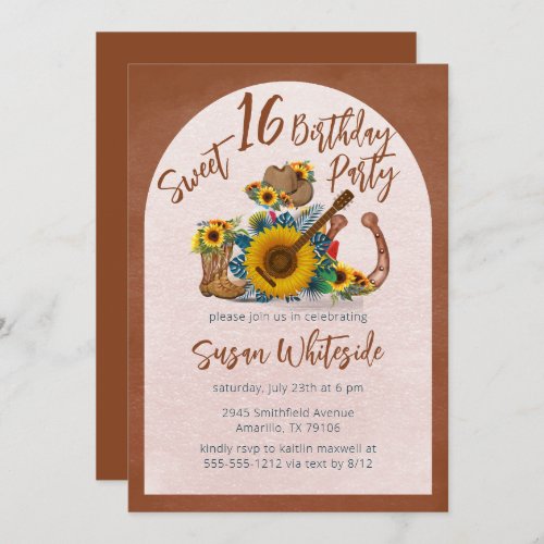Boho Western Guitar Sunflowers Sweet 16 Party Invitation