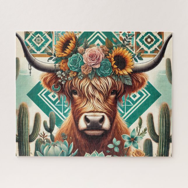 Boho Western Highland Cow Jigsaw Puzzle (Horizontal)