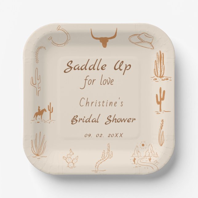 Boho Western Saddle up Cowboy Bridal shower Paper Plates (Front)