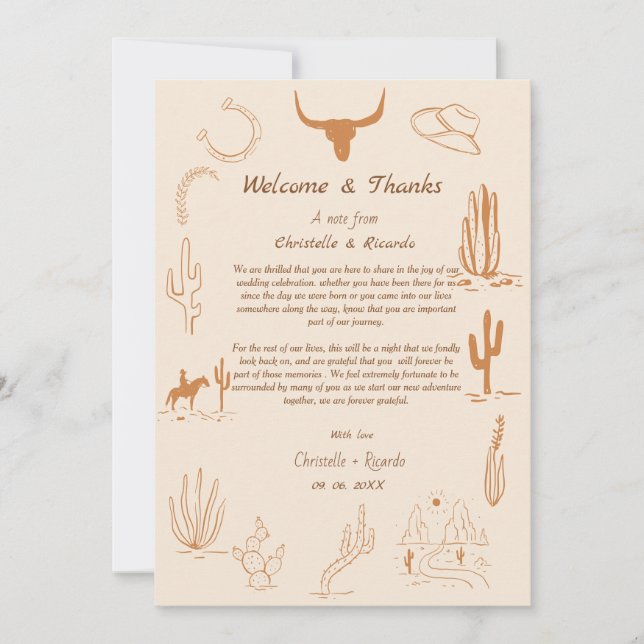 Boho Western Welcome & thank you Wedding note (Front)