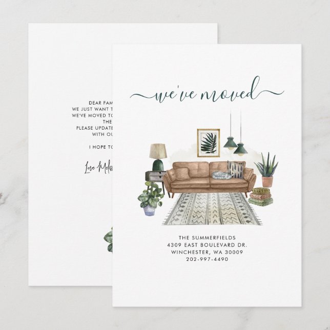  Boho We've Moved Chic Watercolor Moving Announcement (Front/Back)